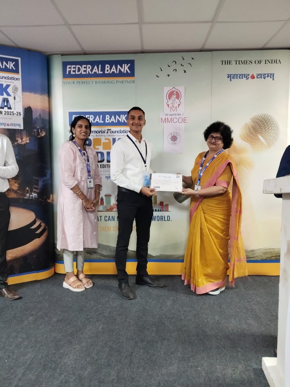 The Times of India, Federal Bank, and Maharashtra Times organized the Speak For India District-Level Competition at MMCOE.